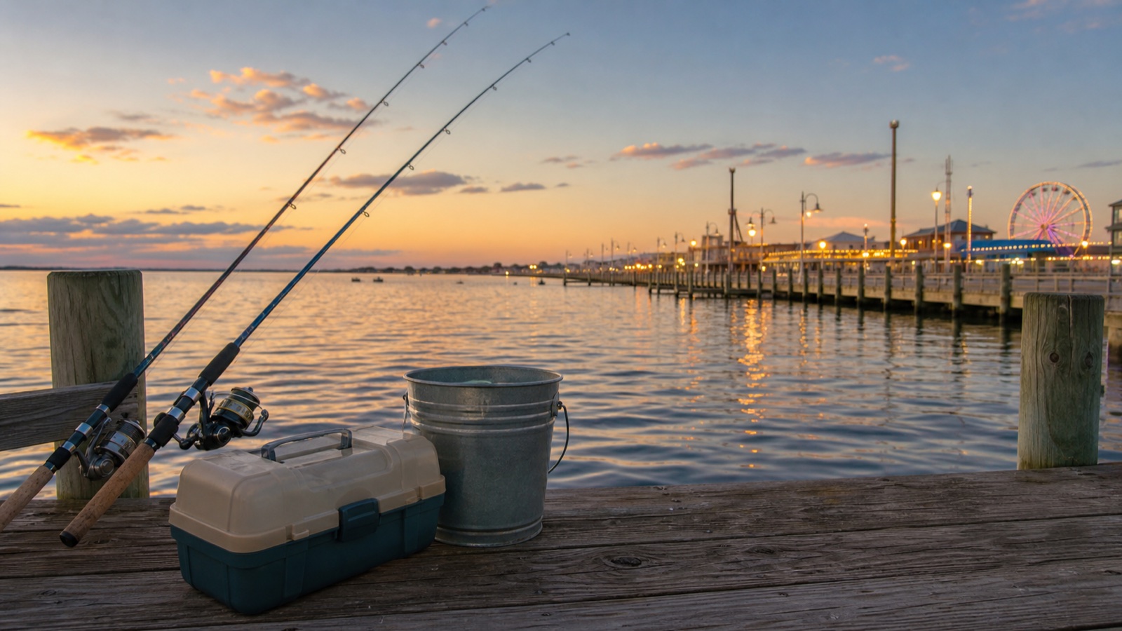 Fishing rods beside calm water near the Wildwoods Boardwalk